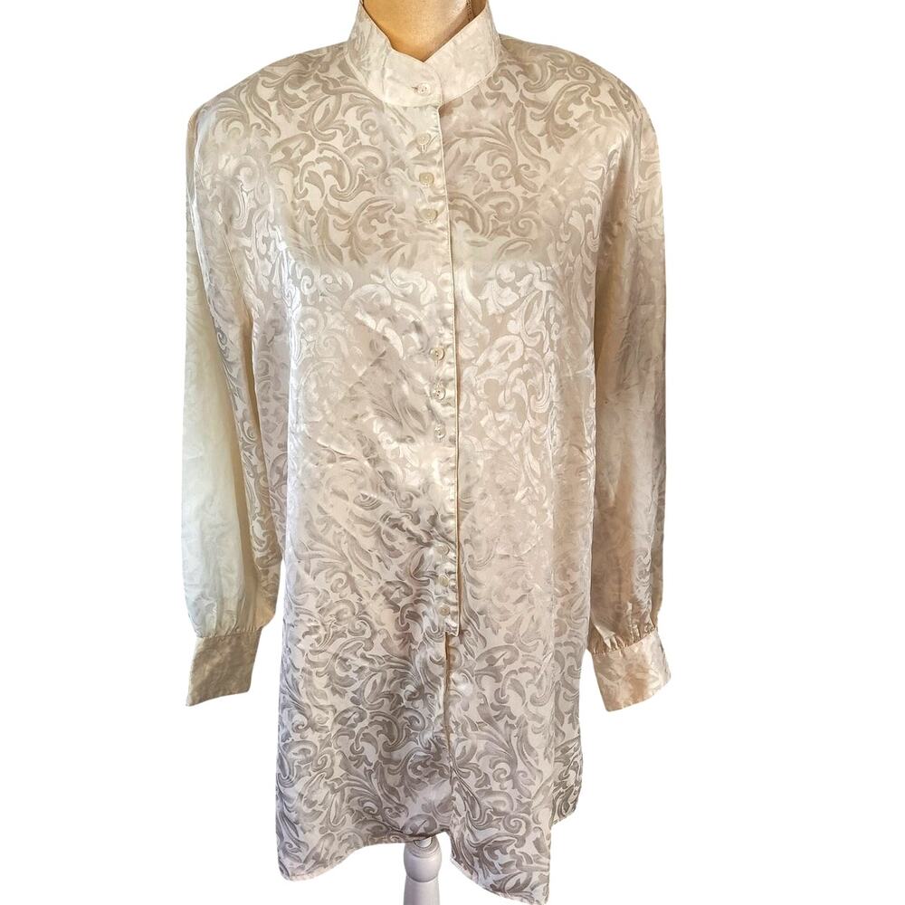 Vintage Christie & Jill Ivory Silky Button Down Long Sleeve Mock Neck X Large